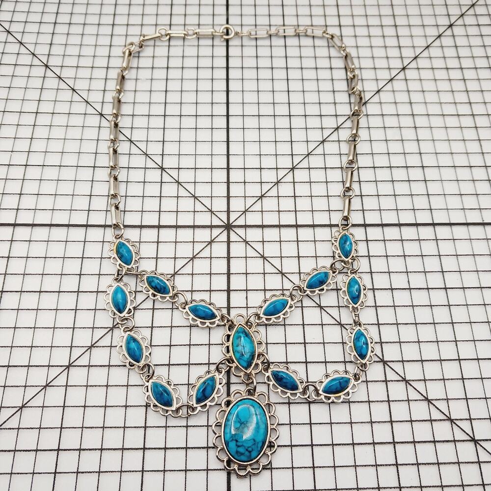 Necklace Silver Tone Faux Turquoise Southwestern Statement Bib Dangle Boho Texas